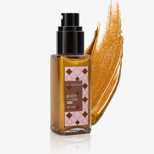 Body Glow Shimmer Body Oil Liquid Highlighter, Gold Shimmering Body Lotion Glitter Luminizer Moisturizing Waterproof, Natural Skin Shimmer For Body and Face Makeup Women Men (60ml/2 oz)