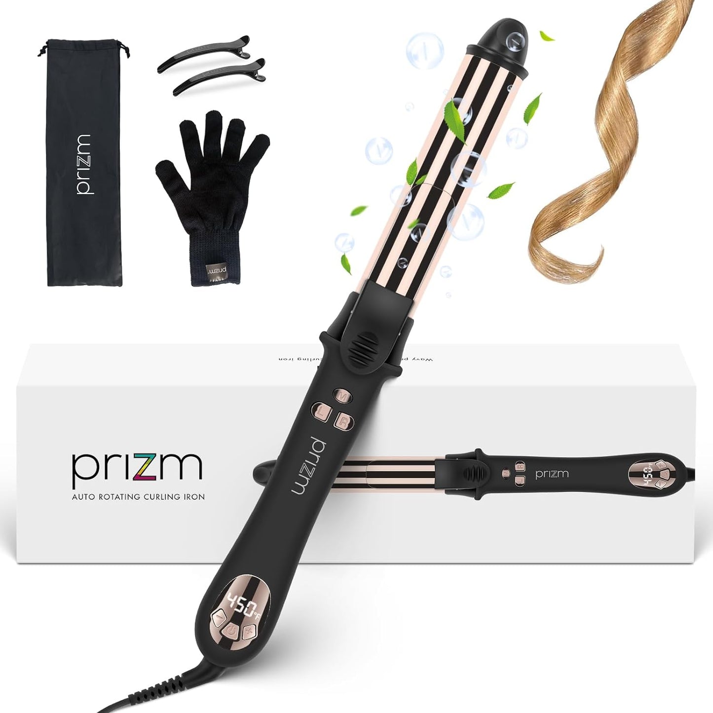 Prizm 1.25 Inch Wavy Professional Rotating Curling Iron, Nano Titanium Auto Spin Curling Wand Hair Curler with 11 Adjustable Temps 250¡F to 450¡F, Anti-Scald & Dual Voltage