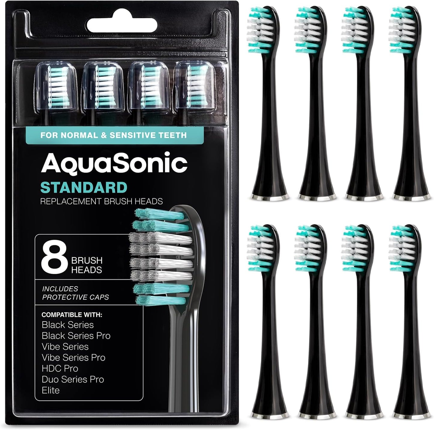 AquaSonic Standard Replacement Brush Heads | for Normal & Sensitive Teeth | Compatible with Many AquaSonic Toothbrush Handles (8 Pack Black)