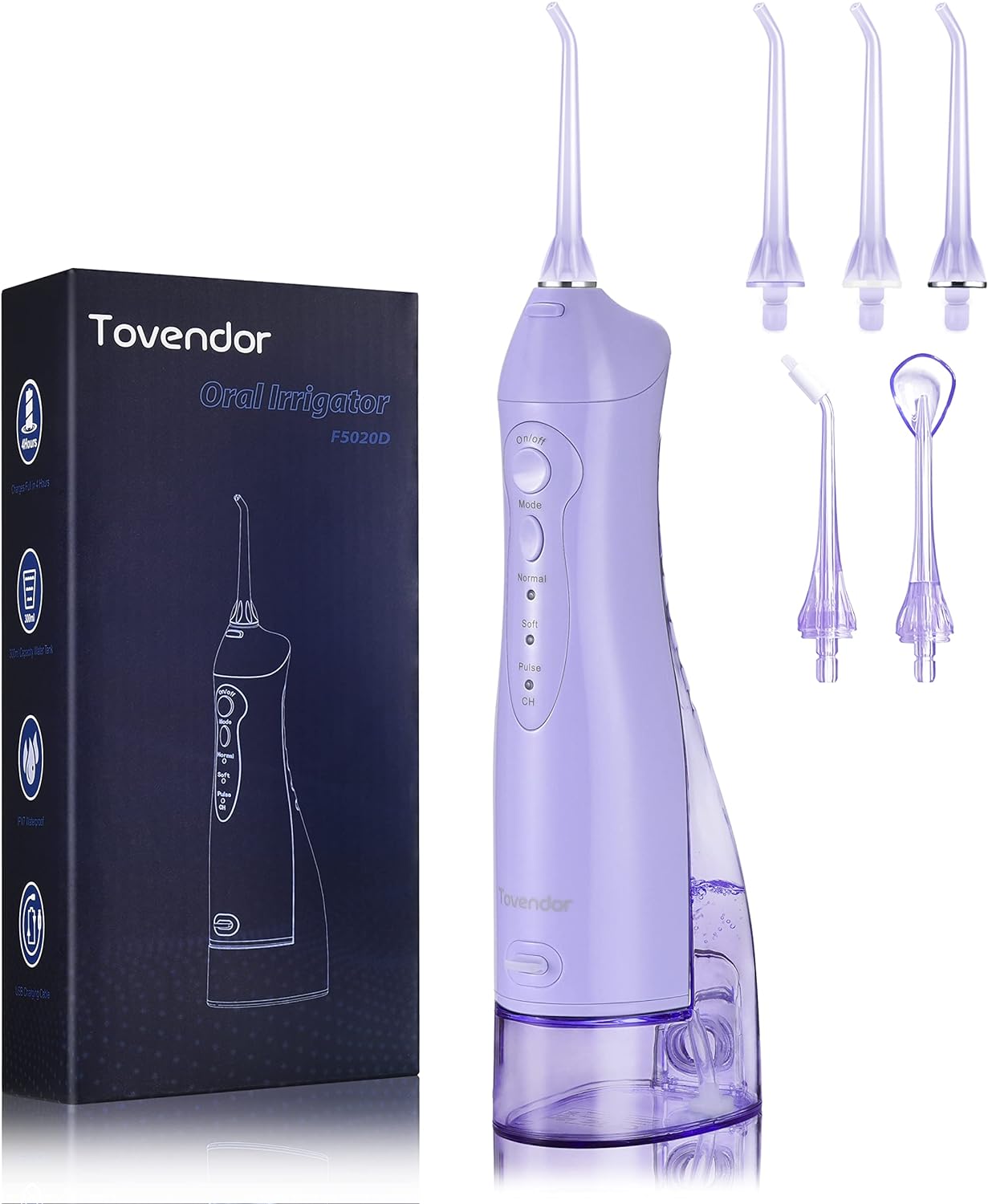 TOVENDOR Electric Water Flosser, Cordless Dental Oral Irrigator - 3 Modes, 3 Tips for Family Hygiene (300ML, Waterproof Waterflosser)