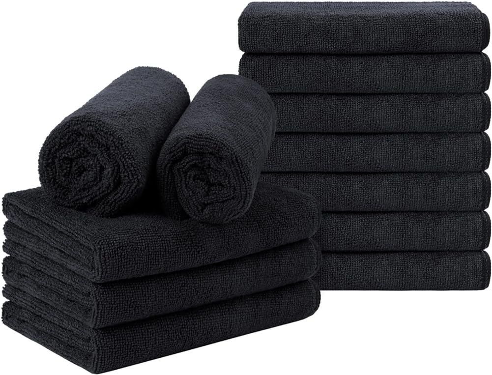 Orighty Black Salon Towel, Pack of 12(Not Bleach Proof, 16 x 27 Inches) Super Soft and Absorbent Microfiber Towels for Salon, Hand, Gym, Bath, Spa and Home Hair Care