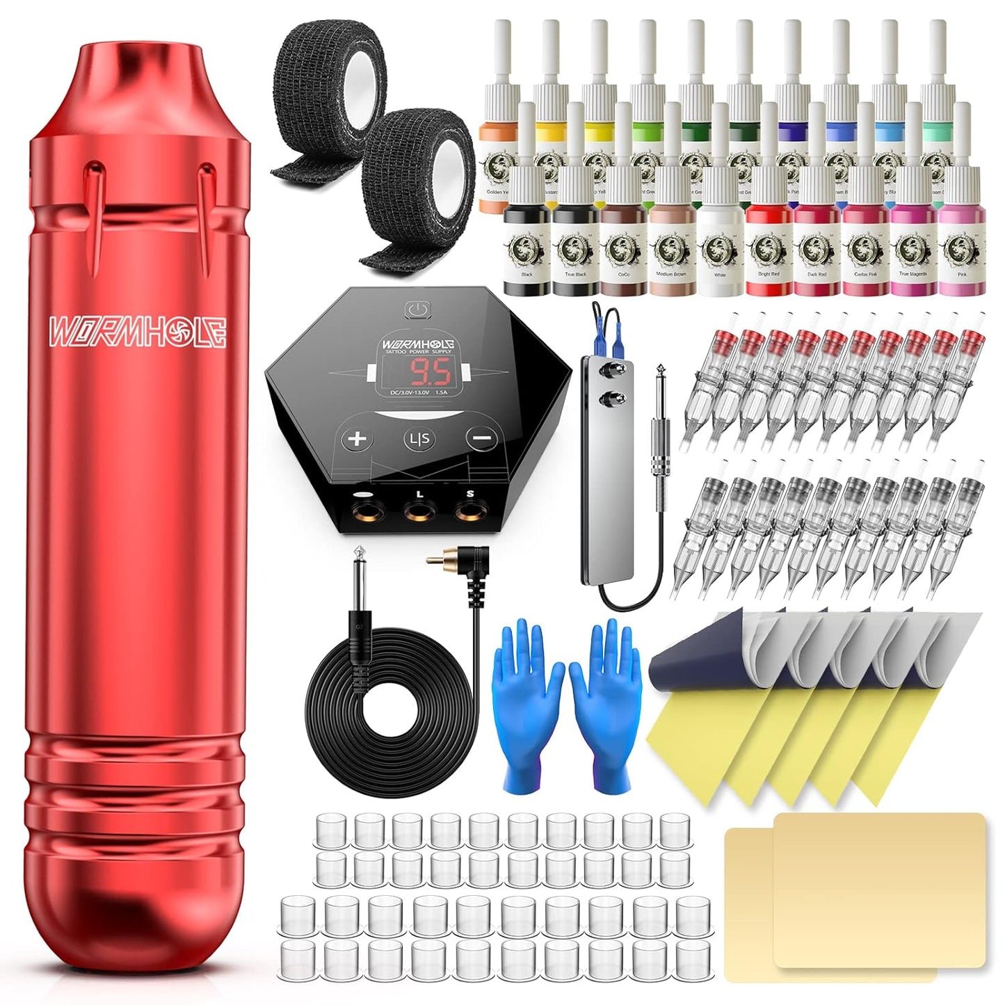 Tattoo Kit Rotary Tattoo Machine Kit for Beginners Cartridge Tattoo Machine 20 Color Inks Power Supply Tattoo Pen Kit Red