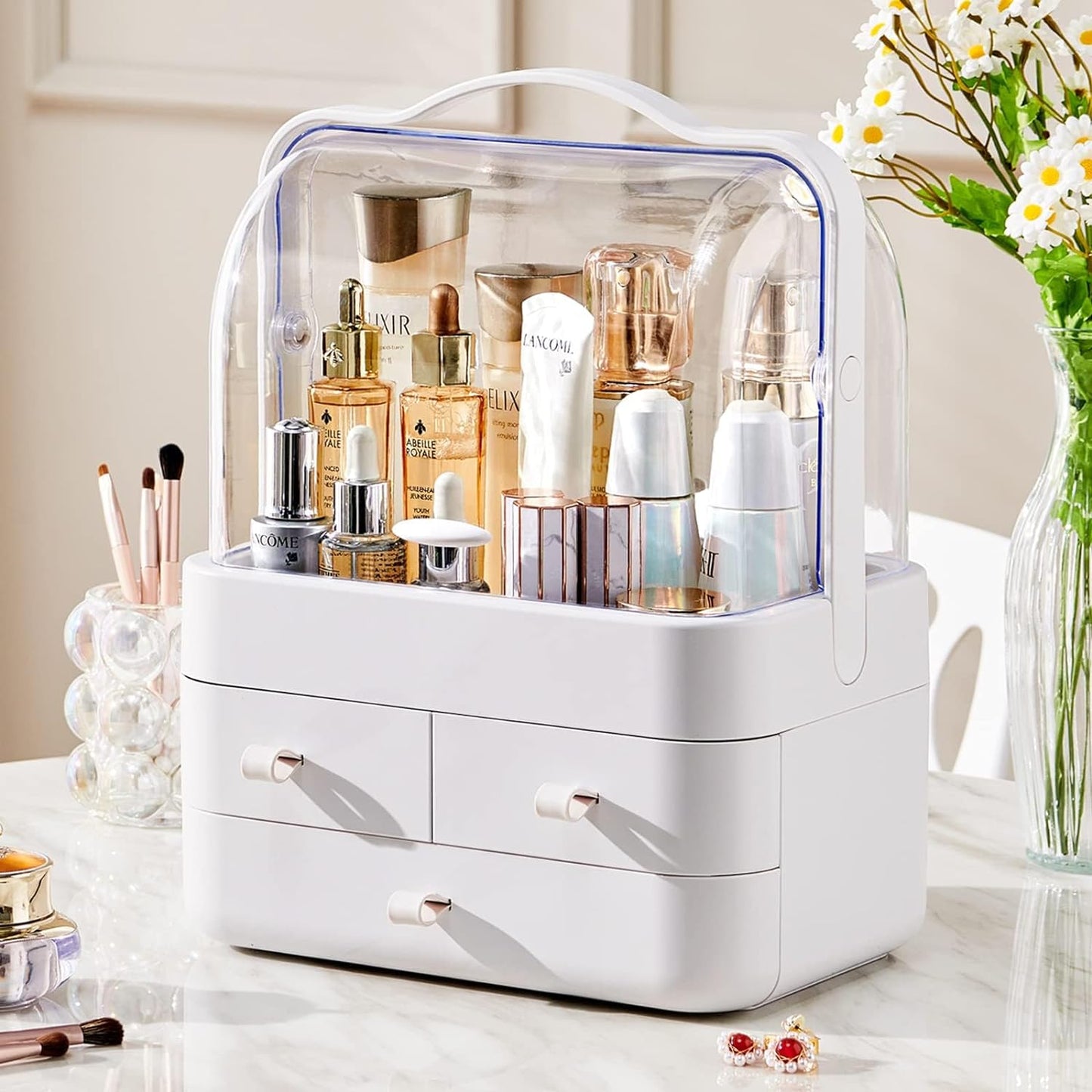 RMAN Makeup Organizer and Storage for Vanity with Lid and Drawers Countertop Waterproof and Dustproof Portable Make up Skincare Cosmetics Organizers