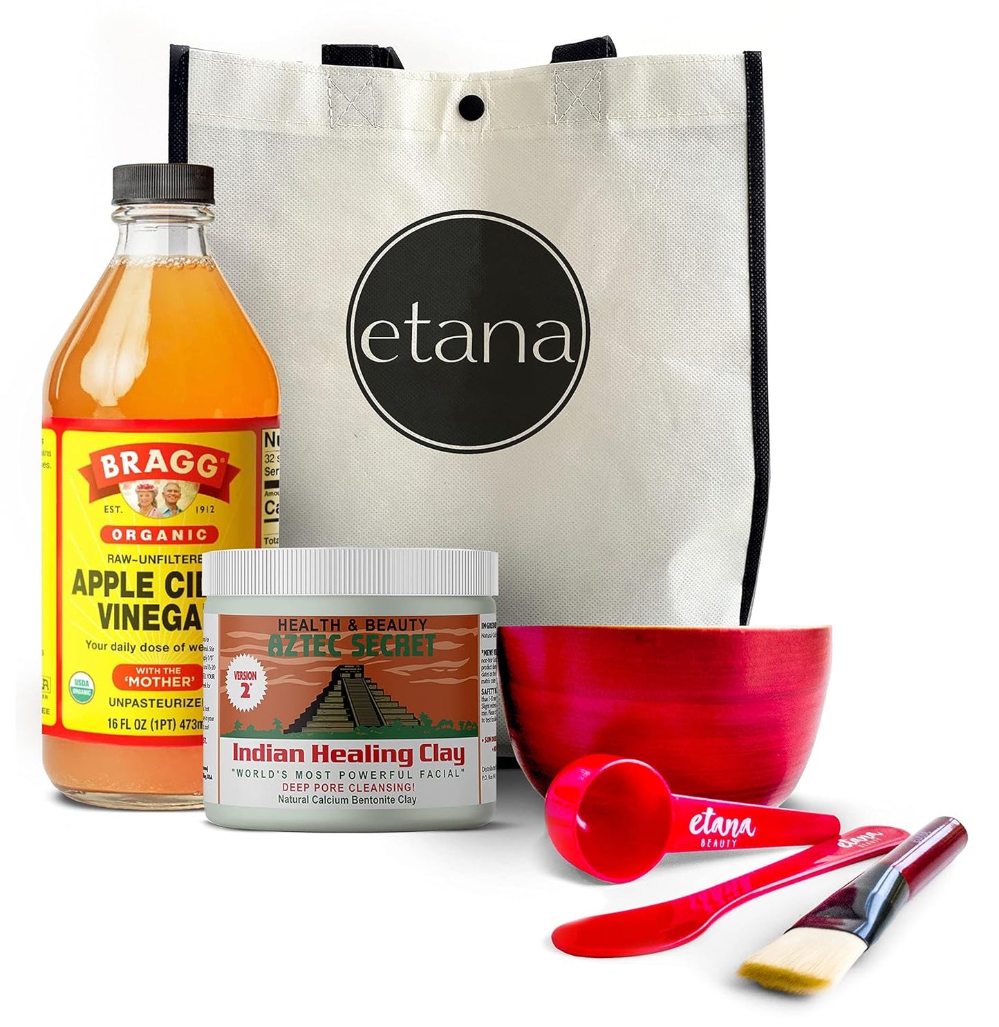 Aztec Clay Premium Mask Set by Etana Beauty Ð All-in-One Kit Includes 1lb Aztec Secret Indian Healing Clay, 16oz Bragg's Apple Cider Vinegar, Natural Bamboo Bowl, Stir, Scoop, Brush & Tote