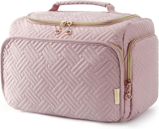 BAGSMART Travel Toiletry Bag, Large Wide-open Makeup Cosmetic Travel Bag for Toiletries with Handle, Pink-L