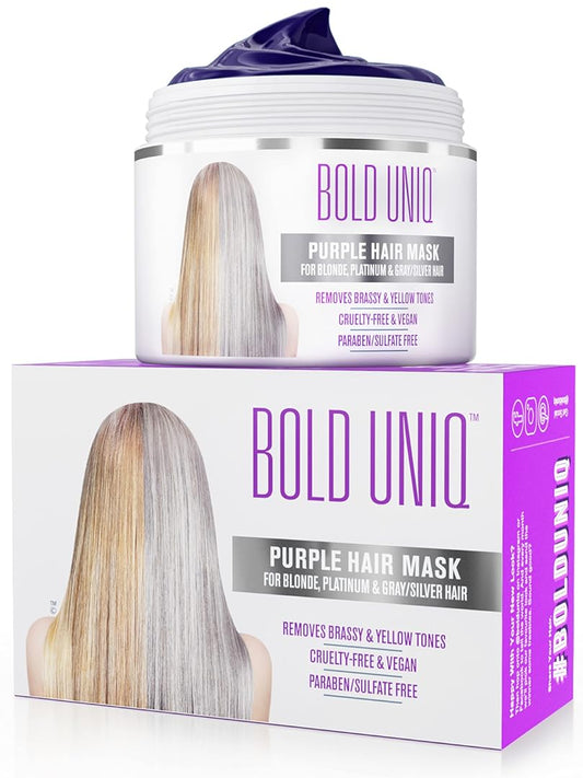 Bold Uniq Mask for Blonde, Platinum & Silver Hair, Banish Yellow Hues: Blue Masque to Reduce Brassiness & Condition Dry Damaged Hair, Sulfate Free Toner, Purple, 6.76 Fl Oz