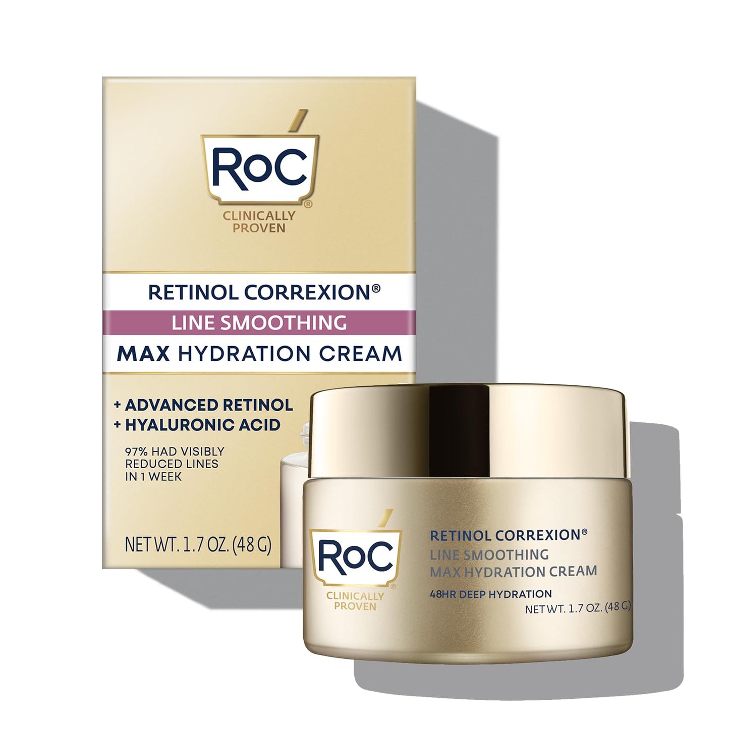 RoC Retinol Correxion Max Daily Hydration Anti-Aging Face Moisturizer with Hyaluronic Acid, Oil Free Skin Care Cream for Fine Lines, Dark Spots, Post-Acne Scars, 1.7 Ounces (Packaging May Vary)
