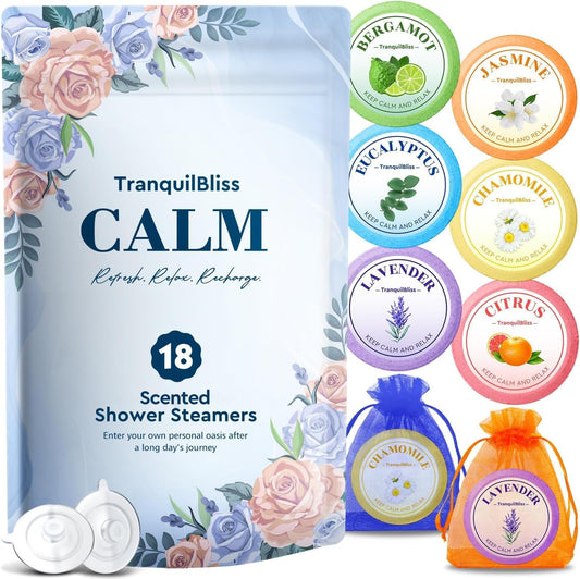 TranquilBliss Shower Steamers 18 PCS Gifts Set, Self Care Relaxation Shower Tablets with Shea Butter, 6 Fragrance Shower Bombs Valentine's Day Gift Ideas for Women, Men, Mother, Wife