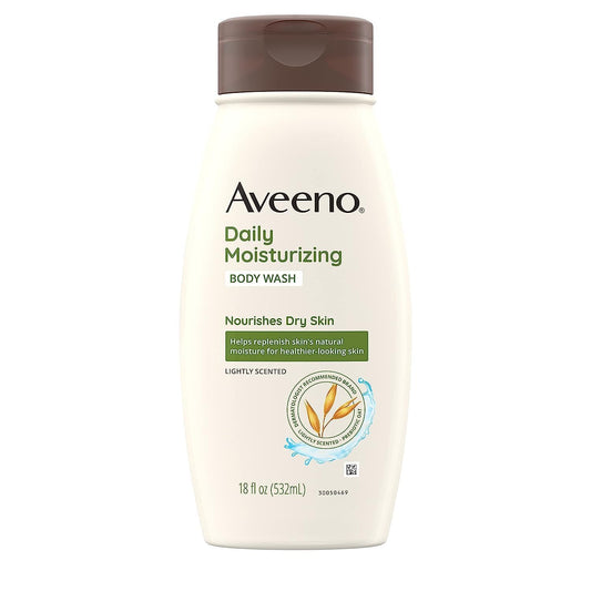 Aveeno Daily Moisturizing Body Wash for Dry Skin with Soothing Oat ; Rich Emollients, Creamy Shower Cleanser, Gentle, Soap-Free and Dye-Free, Light Fragrance, 18 fl. oz