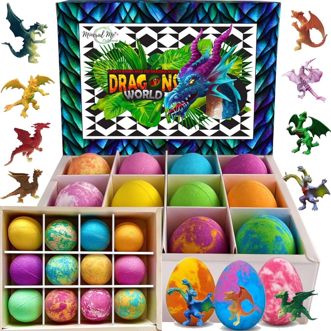 Bath Bombs for Kids with Surprise Inside - 12 Organic Bubble Bath Fizzies with Dragon Egg Toys. Gentle & Kids Friendly Bath Balls. Birthday Gift & Valentine's Gifts for Kids, Boys, Girls
