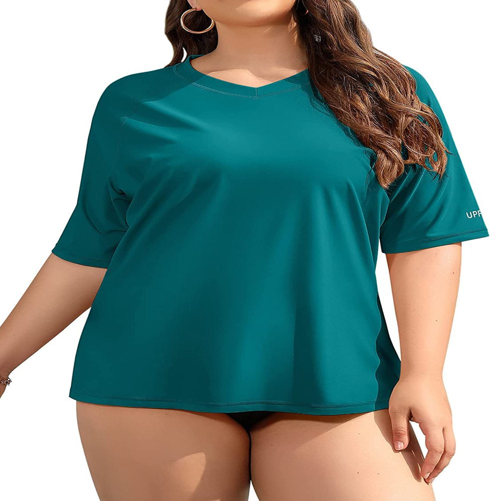 Attraco Women'S plus Size Rash Guard Short Sleeve Swim Shirt Rashguard Swimwear Top