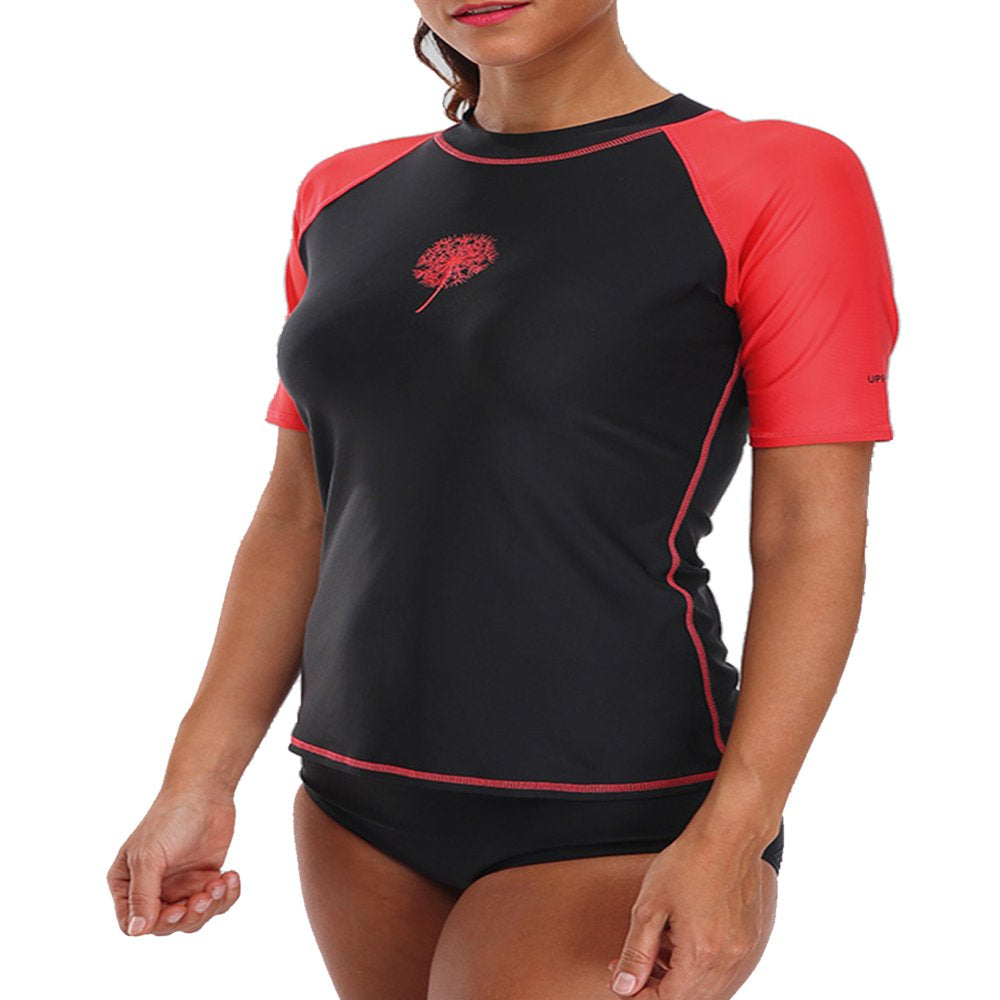 Attraco Women'S Short Sleeve Rash Guard Color Block Swimwear UPF 50+ Running Swimming Shirt