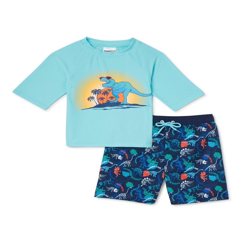 SWIMFIX Boys Dino Short Sleeve Rash Guard and Swim Trunks Set with UPF 50+, 2-Piece, Sizes 4-7