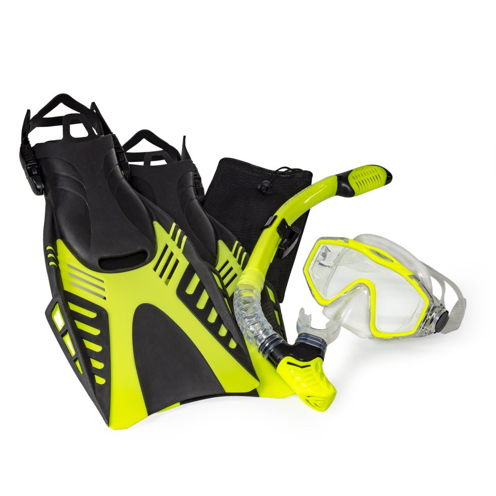 Aqua Leisure Dolfino Brand Youth Manta Pro Underwater Recreational Dive Swim Mask & Snorkel Set - Yellow and Sliver
