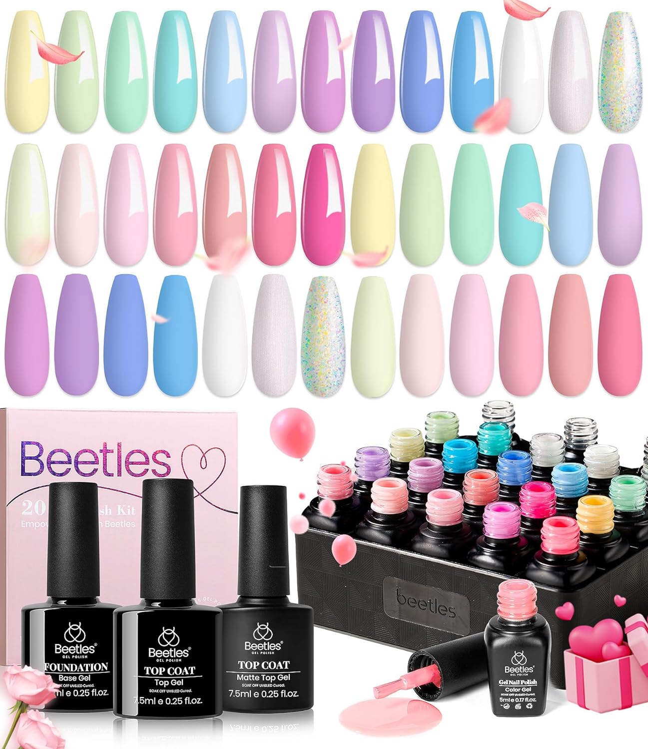 beetles Gel Polish Nail Set 20 Colors Dreamy Town Collection Pastel Girly Sparkle Glitter Uv Gel Macaroon Bright Manicure Kit for Girls Women with 3Pcs Base Top Coat for Valentines Gift Spring Nails