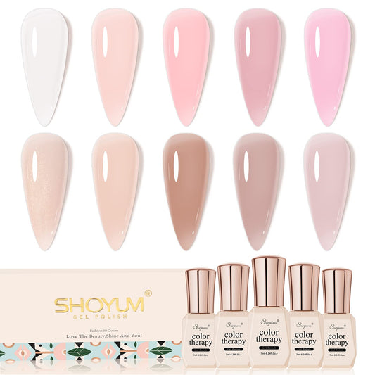 SHOYUM Jelly Nude Gel Nail Polish Set, 10Pcs Sheer Milky White Pink Transparent Gel Polish Kit UV LED Nail Gel Polish Colors Varnish Nail Art DIY Salon 7ML