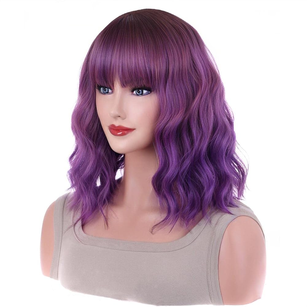 AneShe 14 Inches Short Curly Bob Wigs with Bangs for Women Dark Roots Ombre Purple Wavy Wig Shoulder Length Bob Synthetic Cosplay Wig for Girl Colorful Wigs