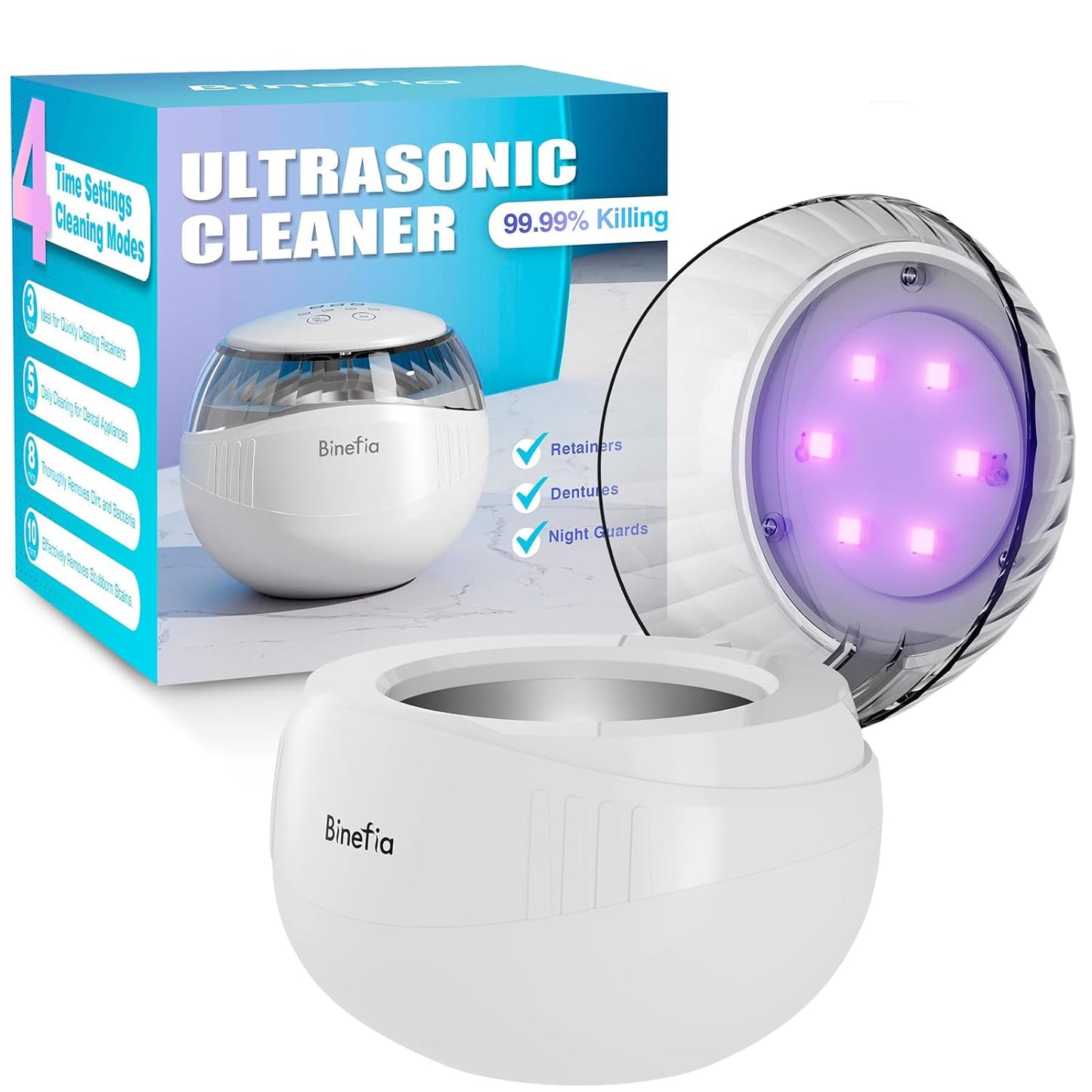 Ultrasonic U-V Cleaner with 4 Modes, 50kHz Ultra Sonic for Retainer, Denture, Mouth Guard, Aligner, Jewelry, 360¡ Portable Ultrasonic Retainer Cleaner for All Dental Appliance at Home or Travel Use