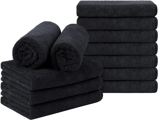 Orighty Black Salon Towel, Pack of 12(Not Bleach Proof, 16 x 27 Inches) Super Soft and Absorbent Microfiber Towels for Salon, Hand, Gym, Bath, Spa and Home Hair Care