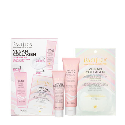 Pacifica Beauty | Vegan Collagen Trial/Value Kit | 3-Piece Skin Care Gift Set | Travel Friendly | Under Eye Patches, Overnight Face Mask, & Face Wash/Cleanser | Vitamin C + E, Hyaluronic Acid | Vegan