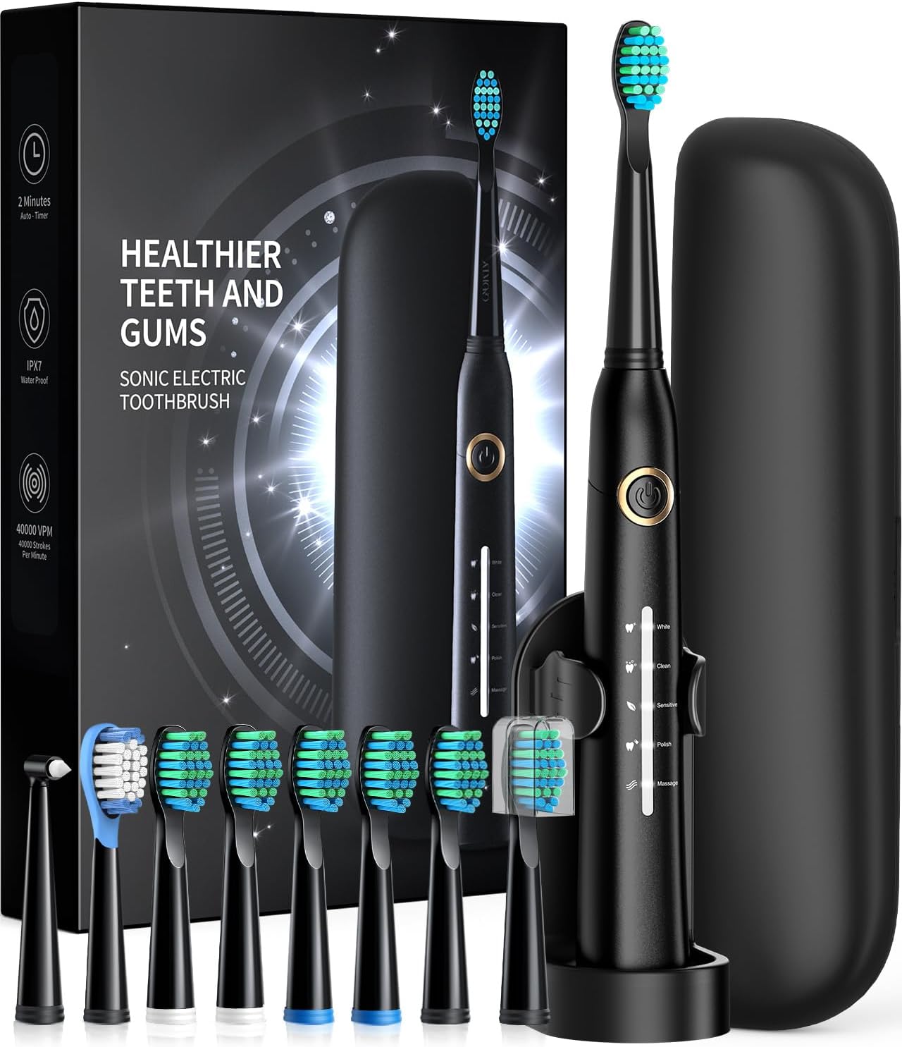 TEETHEORY Electric Toothbrush with Travel Case, Sonic Toothbrush for Adults with 8 Brush Heads for 2-Year Use, 40000 VPM Deep Clean Rechargeable Toothbrushes Last 30 Days with 5 Modes