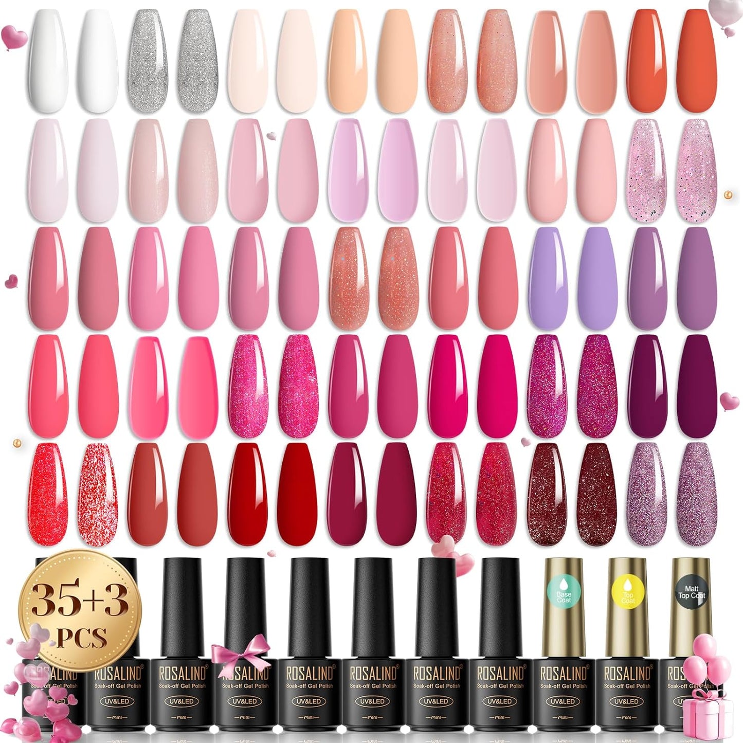ROSALIND Gel Nail Polish Set,35 Pcs Pink Red jelly White Gel Polish Valentine Alluring Sweetie Collection Starter Set Pink Colors with Glossy & Matte Top Base Coat Nail Art Gift for Manicure
