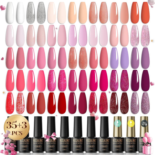 ROSALIND Gel Nail Polish Set,35 Pcs Pink Red jelly White Gel Polish Valentine Alluring Sweetie Collection Starter Set Pink Colors with Glossy & Matte Top Base Coat Nail Art Gift for Manicure