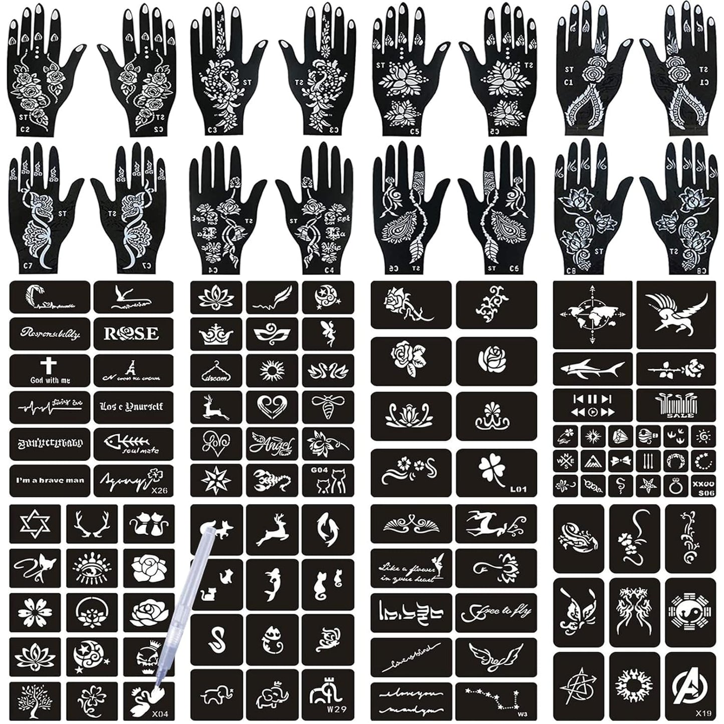 Aresvns Tattoo Stencils 124 PCS,24 Sheets Black Tattoo Templates,Reusable Tattoo Stencils Kit for Women Teens Girls,DIY Tattoo Stencils,Body Art Stencils Christmas Gift