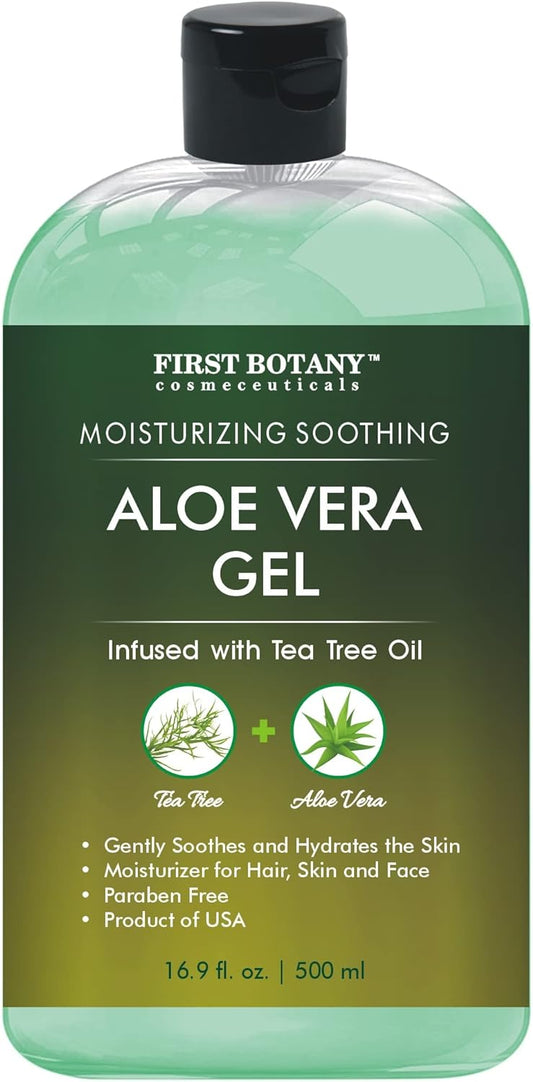 Aloe Vera Gel from 100 Percent Pure Aloe Infused with Tea Tree Oil - Natural Raw Moisturizer for Hand Sanitizing Gel, Skin Care, Hair Care, Sunburn, Acne & Eczema -16.9 fl oz | 500 ml