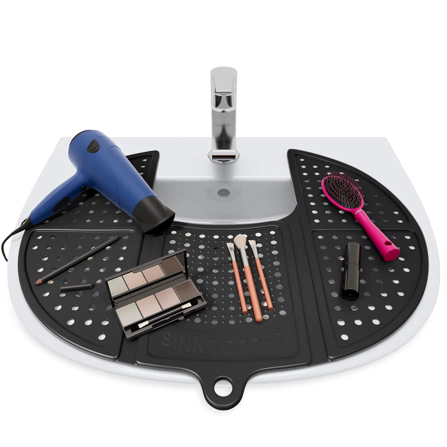 Sink Topper - Compact Foldable with Hanging Loop, Silicone Beauty Makeup Brush Cleaning Mat, Heat Resistant for Beauty Tools, Bathroom Sink Organizer Countertop - Small, Black