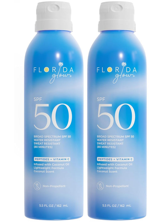 SPF 50 Sunscreen Spray by Florida Glow - Hawaii 104 Reef Act & Florida Keys Compliant Broad Spectrum Water Resistant Sport Sun screen - Child Friendly Oxybenzone & Octinoxate Free (2-pack SPF 50)