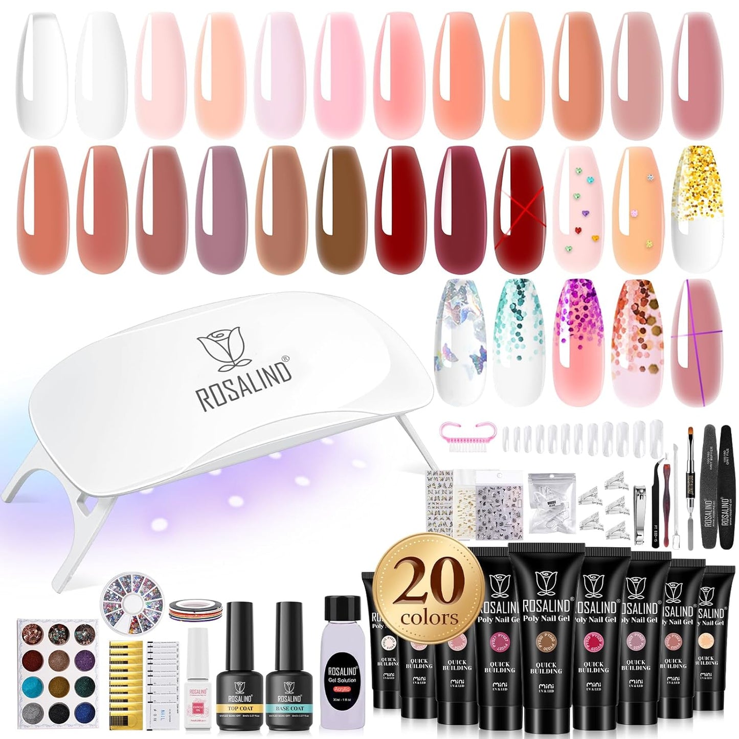 ROSALIND Poly Nail Gel Kit -20 Colors + 76 Nail Art Accessories kit Nude Clear Poly Nails Gel Kit Starter Kit With Slip Solution Pro Nude Pink Nail Extensions Gel Set With Mini UV Lamp