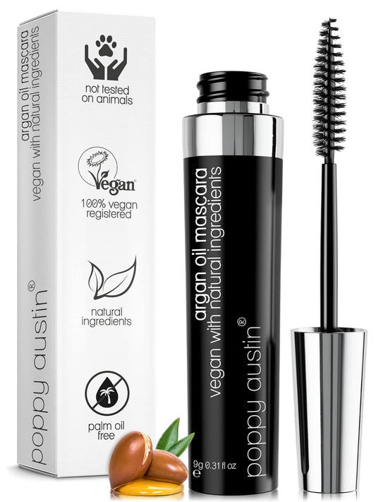 Poppy Austin Mascara 9g - Lash Mascara - Organic Mascara, Paraben-Free, Vegan, Cruelty-Free Mascara Black - Hypoallergenic Mascara Lengthening & Volumizing with Argan Oil