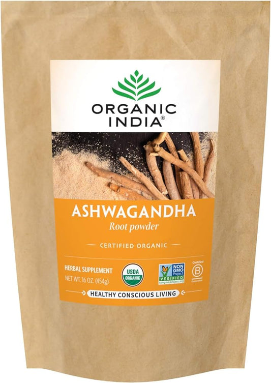 ORGANIC INDIA Ashwagandha Powder - Stress-Relief, Vegan, Gluten-Free, Kosher, USDA Certified Organic, Non-GMO, Uplift Mood, Supports Endurance, Herbal Supplement - 1 Lb Bag