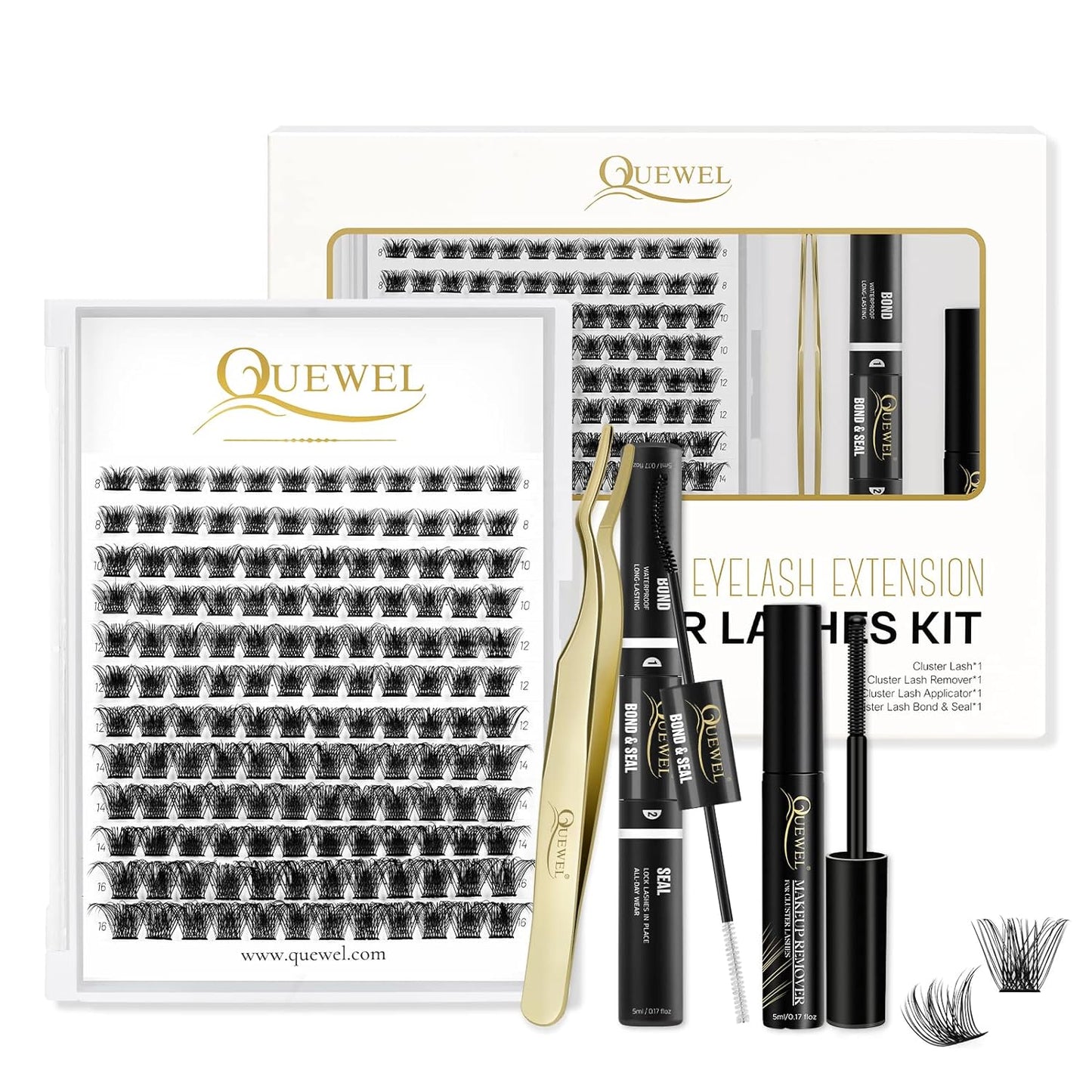 QUEWEL DIY Lash Extensions Kit Lash Clusters 144 Pcs, Cluster Lashes Golden Lashes Tweezers, Eyelash Clusters Bond and Seal Waterproof, Cluster Lash Glue Remover for DIY Lash Extensions (QU-RR-DH-01)