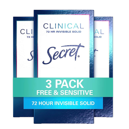 Secret Clinical Strength Invisible Solid Gel Antiperspirant and Deodorant for Women, Free & Sensitive, 1.6 oz (Pack of 3), Unscented