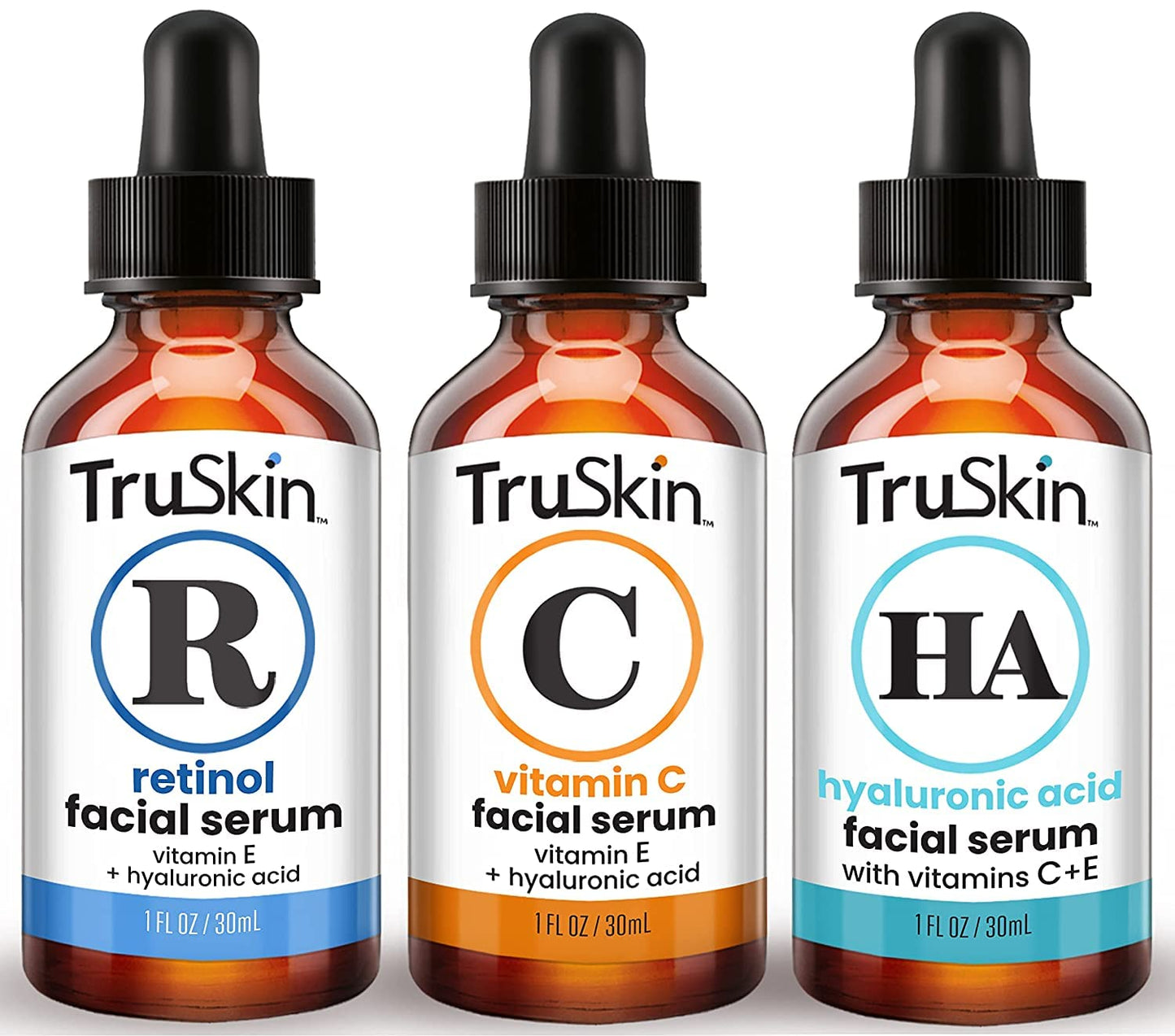 TruSkin Naturals Face Serum Trio Hyaluronic Acid, Vitamin C & Retinol Serum for Face Anti Aging Skin Care Set for Women Skin Care for Bright, Smooth, Firm & Hydrated Skin 1 fl oz, 3 Bottles