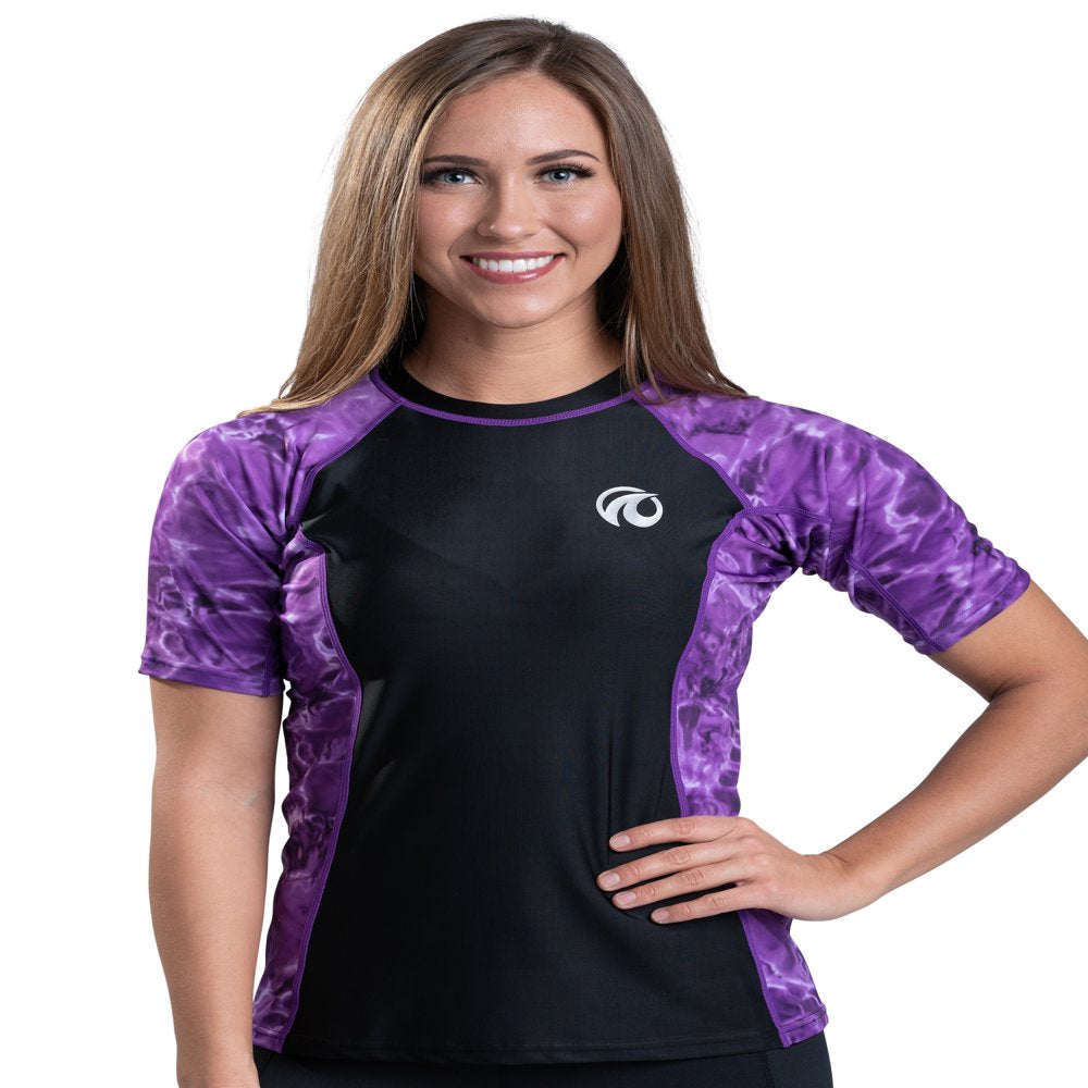 Aqua Design Short Sleeve Rash Guard Women: UPF 50+ UV Protection Swim Shirt Top: Liquid Purple/Black Size 5X-Large