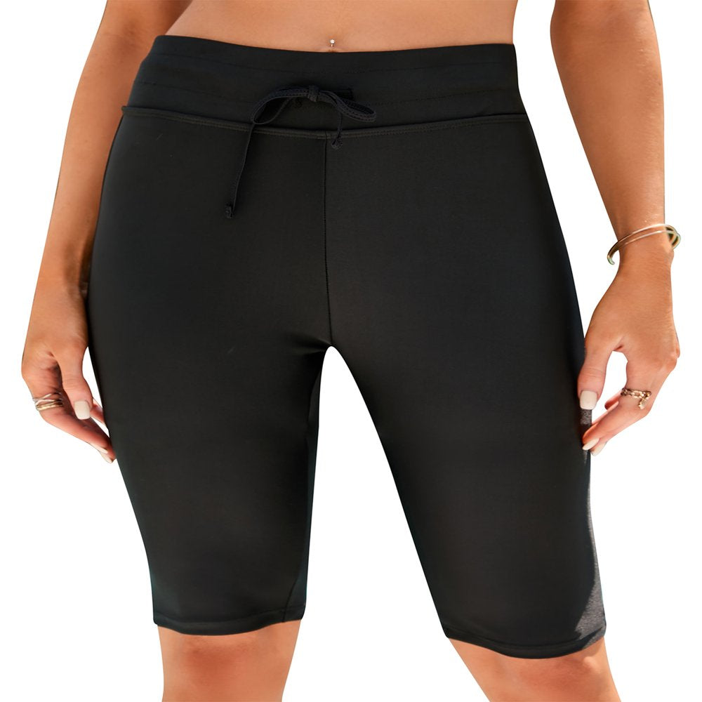 SAYFUT Women Classic Knee Length Pants High Waist Swimsuit Long Swim Shorts Skinny Surfing Tights with Side Drawstring Swim Bottom