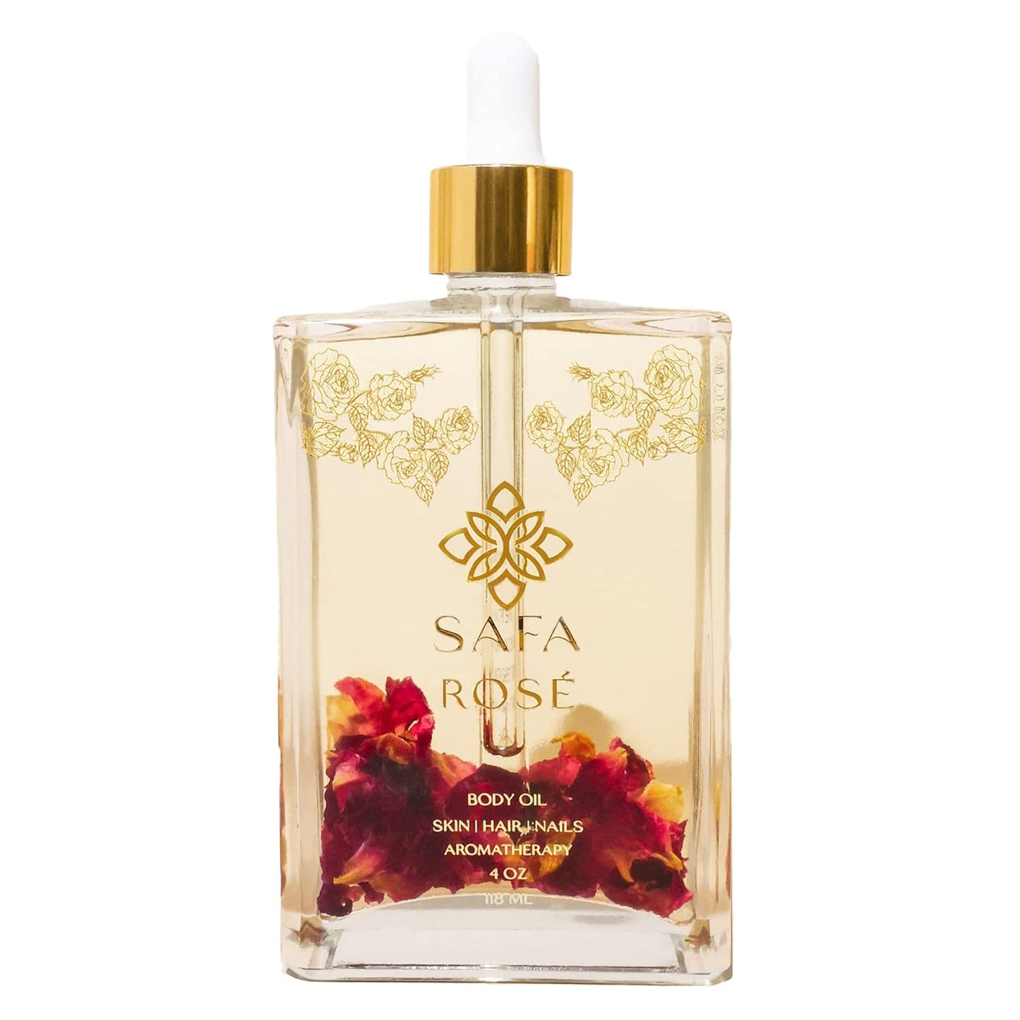SAFA RosŽ Oil - Organic Oil for Face, Body, Hair, Nails & Aromatherapy | Bulgarian Rose Essential Oil & Organic Floating Rose Petals | Moisturizer for Women & Men - 4 Fl Oz