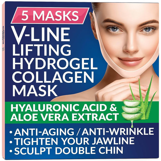 Stylia Double Chin Sculptor - V Line Face Masks - Toning Hydrogel Collagen Mask with Hyaluronic Acid & Aloe Vera - Anti-Aging and Anti-Wrinkle Band 5PCs