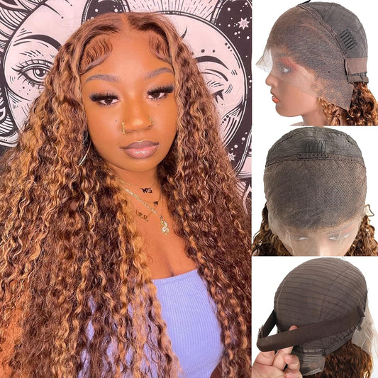 Tryfey 24inch Highlight 13x4 HD Transparent Lace Front Wig Ombre Honey Blonde Water Curly Lace Frontal Wigs for Women Pre Plucked with Baby Hair 180 density P4/27 Wet and Wavy Human Hair Wig