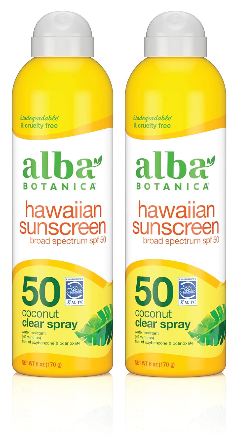 Alba Botanica Sunscreen Spray for Face and Body, Broad Spectrum SPF 50 Sunscreen, Hawaiian Coconut, Water Resistant and Biodegradable, 6 fl. oz. Bottle (Pack of 2)