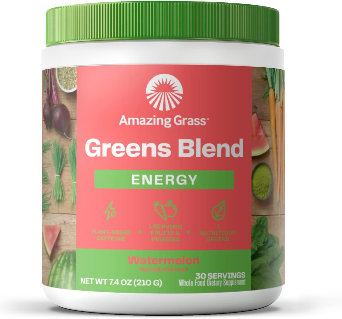Amazing Grass Greens Blend Energy: Smoothie Mix, Super Greens Powder & Plant Based Caffeine with Matcha Green Tea & Beet Root Powder, Watermelon, 30 Servings (Packaging May Vary)