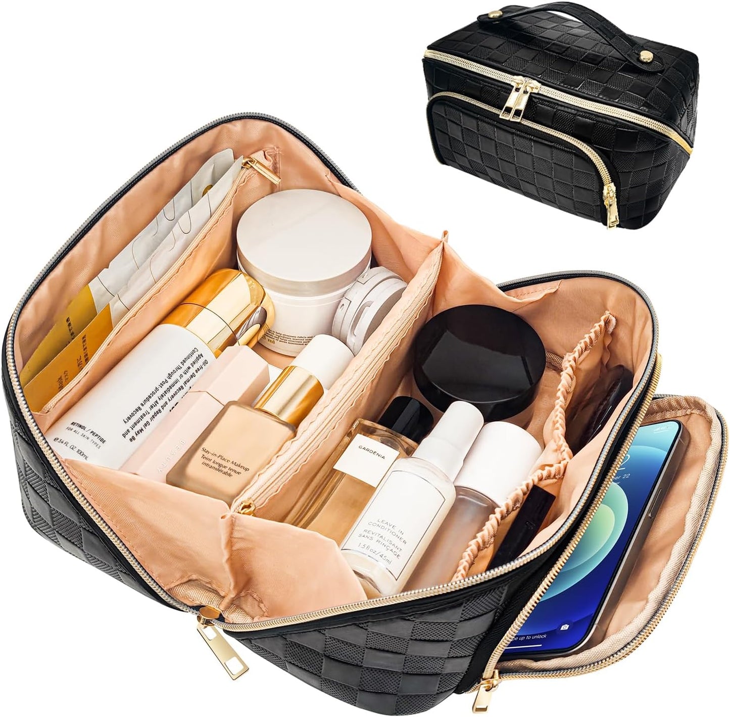 stona Travel Makeup Bag for Women, Large Capacity PU Leather Waterproof Checkered Cosmetic Bags, Portable Pouch Open Flat Toiletry Bag, Make up Organizer with Divider and Handle, Black