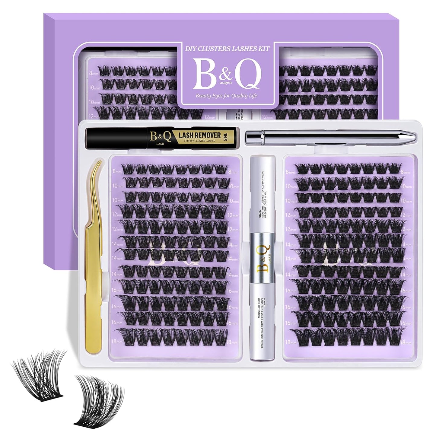 B&Q Lash Extension Kit Cluster Lashes B&Q 192 PCS Eyelash Extension Kit D Curl Wispy Individual Lash Clusters Kit DIY Lash Extension Kit with Lash Glue and Remover Applications (B05+B06, Kit)