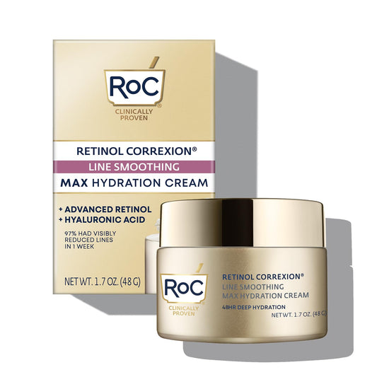 RoC Retinol Correxion Max Daily Hydration Anti-Aging Face Moisturizer with Hyaluronic Acid, Oil Free Skin Care Cream for Fine Lines, Dark Spots, Post-Acne Scars, 1.7 Ounces (Packaging May Vary)