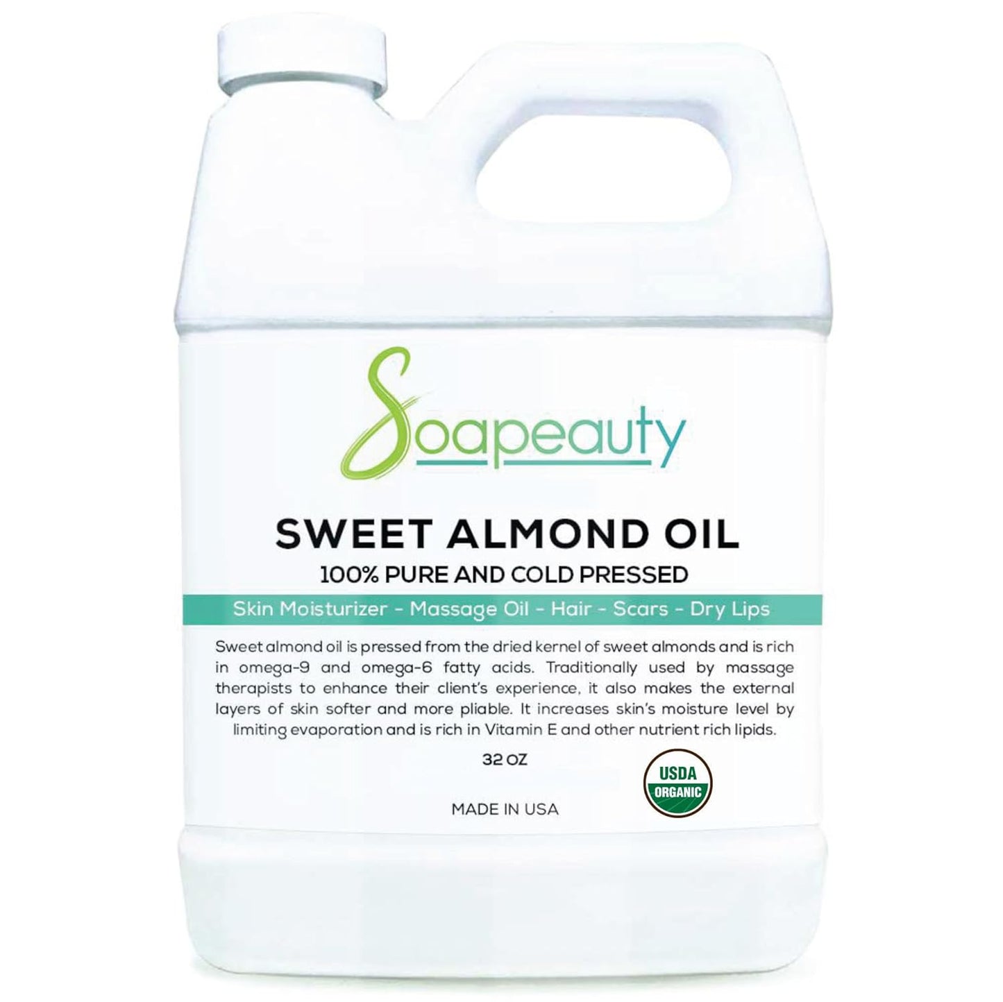 Soapeauty Sweet Almond Oil Cold Pressed Refined USDA Organic | 100% Pure Sweet Almond oil Available in Bulk | Carrier for Essential Oils, Almond oil for Skin, Face, and Hair, Soap Making | 32 fl oz