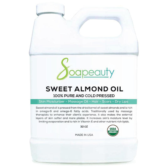 Soapeauty Sweet Almond Oil Cold Pressed Refined USDA Organic | 100% Pure Sweet Almond oil Available in Bulk | Carrier for Essential Oils, Almond oil for Skin, Face, and Hair, Soap Making | 32 fl oz