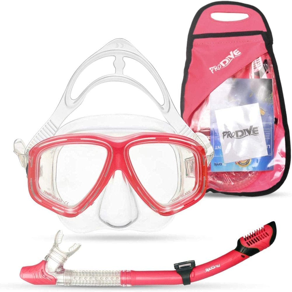 Prodive Dry Top Snorkel Set with Tempered Glass Diving Mask, Watertight and Anti-Fog Lens and Waterproof Gear Bag, Diving Gear or Snorkeling Gear with Snorkel Mask. Snorkel and Mask Set